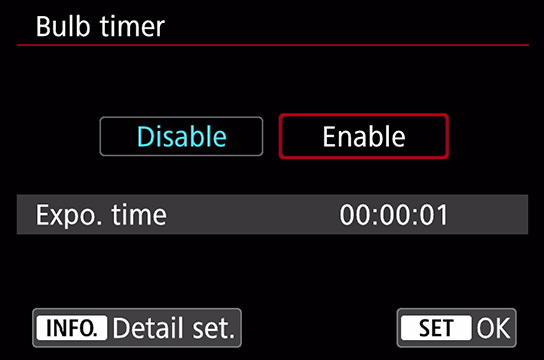Bulb timer menu screen