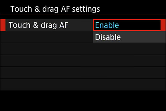 Touch & drag AF settings menu