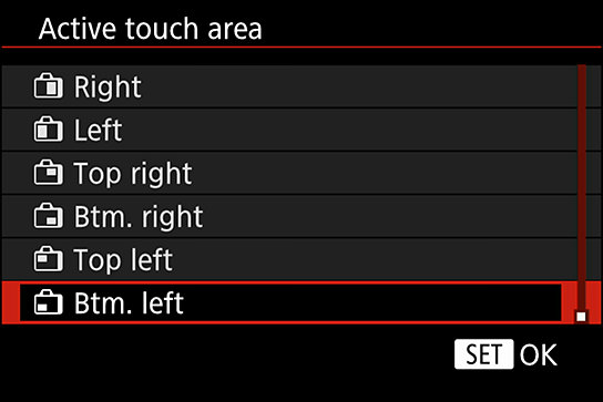 Screenshot of Active touch area selection menu
