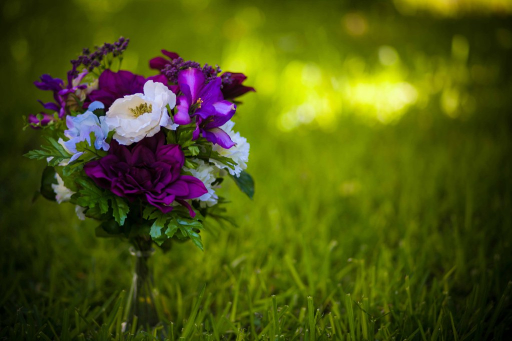 purple and white flowers in vase on the lawn