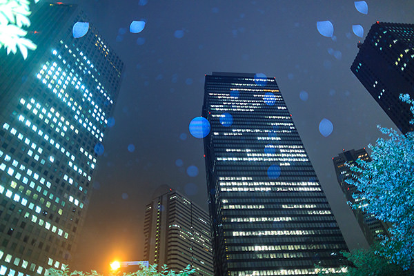 Buildings at night with bokeh circle raindrops