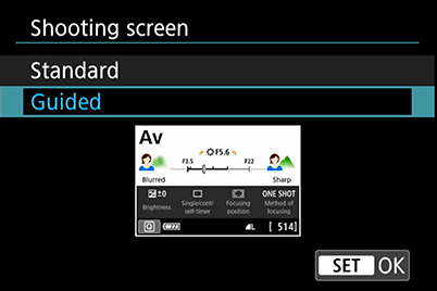 EOS 77D Guided mode selection screen