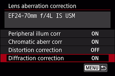 EOS 6D Mark II Lens Aberration Correction menu