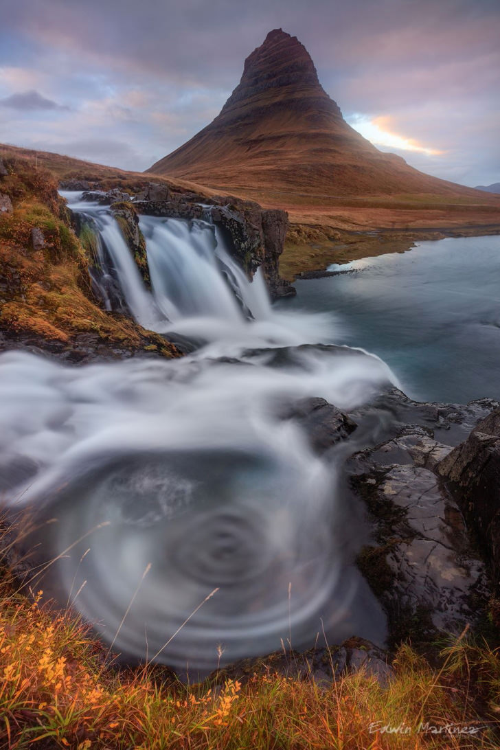 Iconic elements: Mountain and waterfall