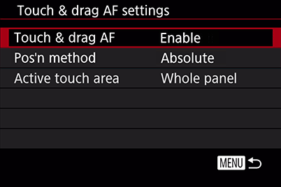 PowerShot G1 X Mark III Touch & drag AF menu screen 