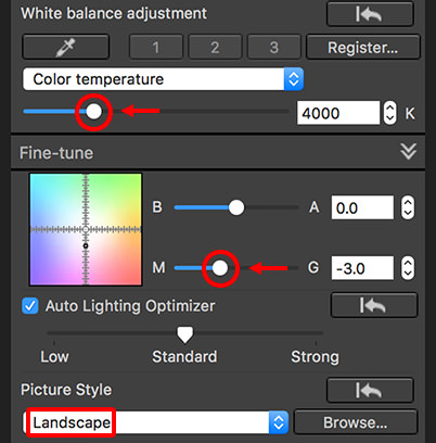 Adjusting colour temperature, colour tones