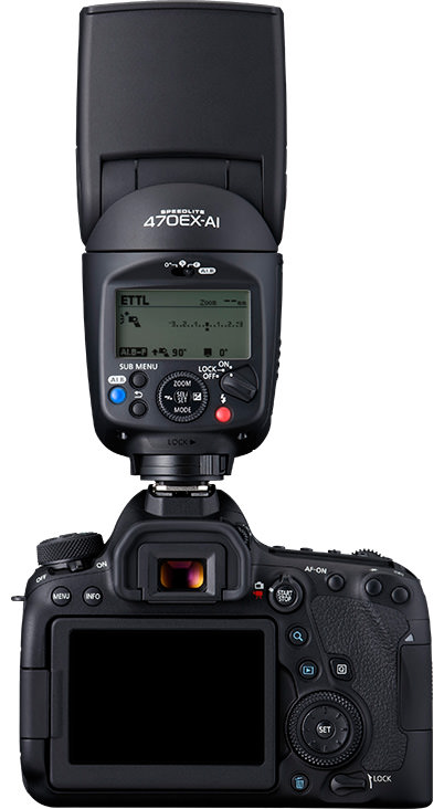 Speedlite 470EX-AI mounted on camera, rear view