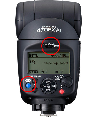 Speedlite 470EX-AI, highlighting AI. B toggle and button