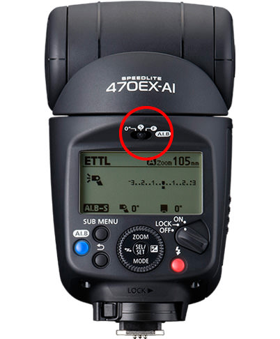 Speedlite 470EX-AI rear (toggle button circled)