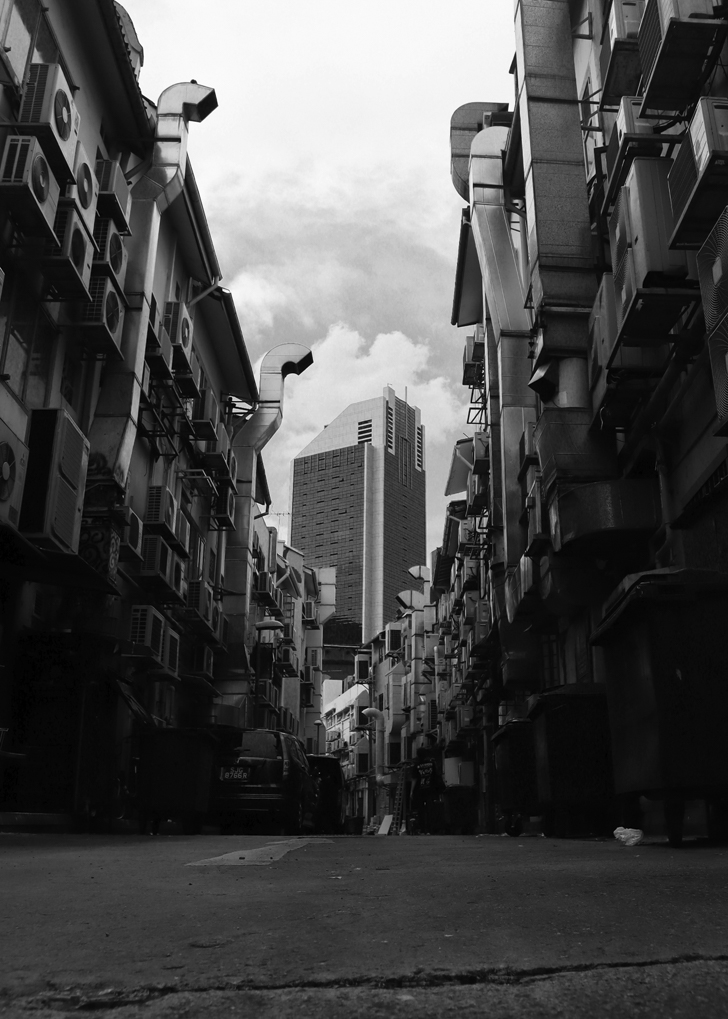 black and white alley way