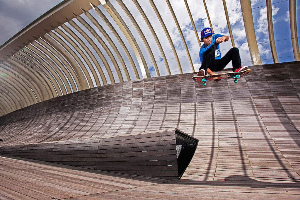 Low-angle shot of skateboarder at Henderson Waves