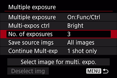 Multiple exposure settings menu