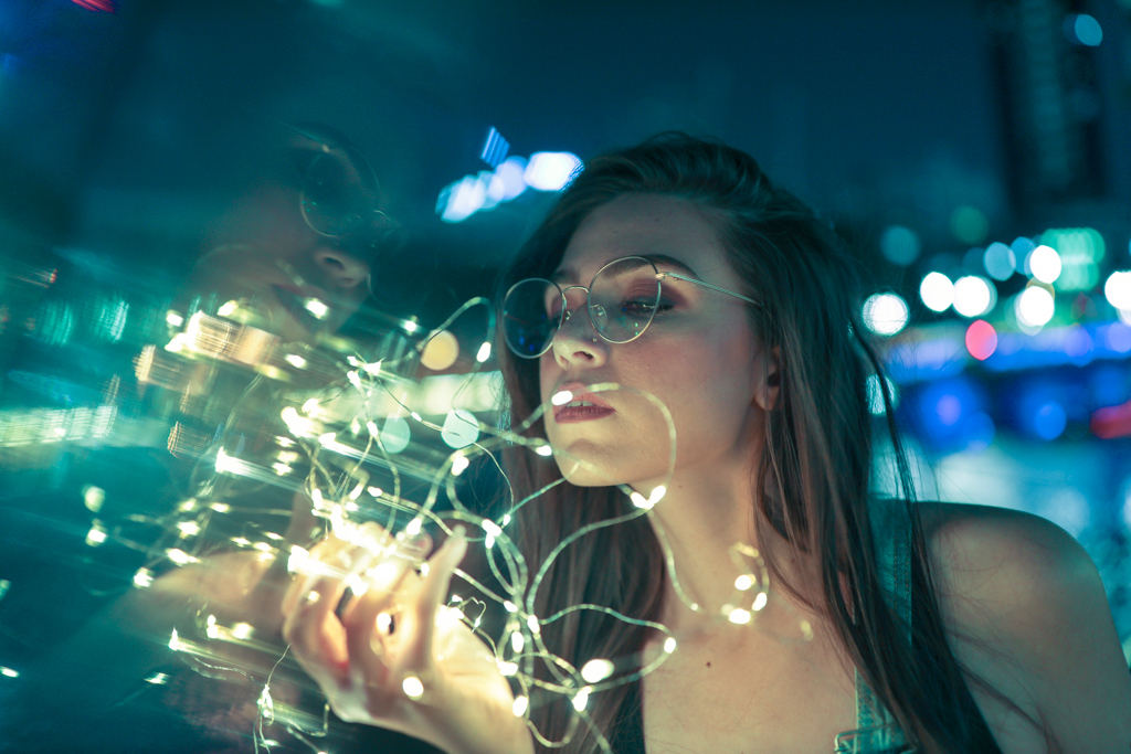 night portrait female model with prism
