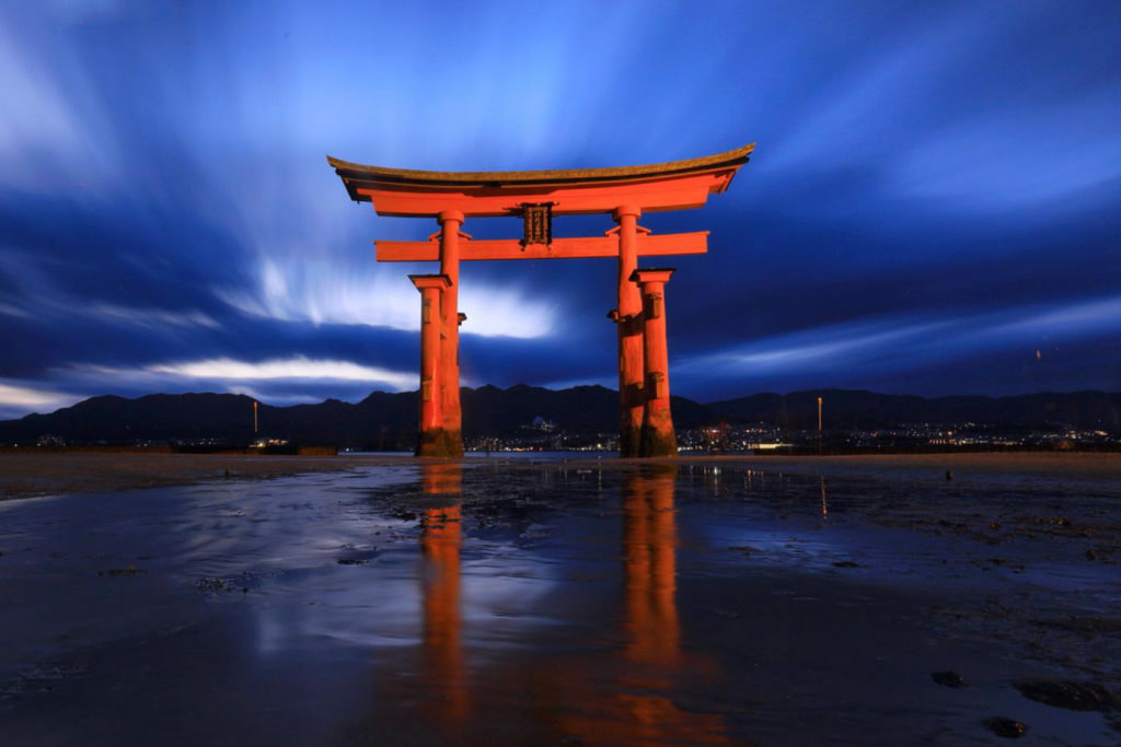 Itsukushima Shrine with slow shutter clouds