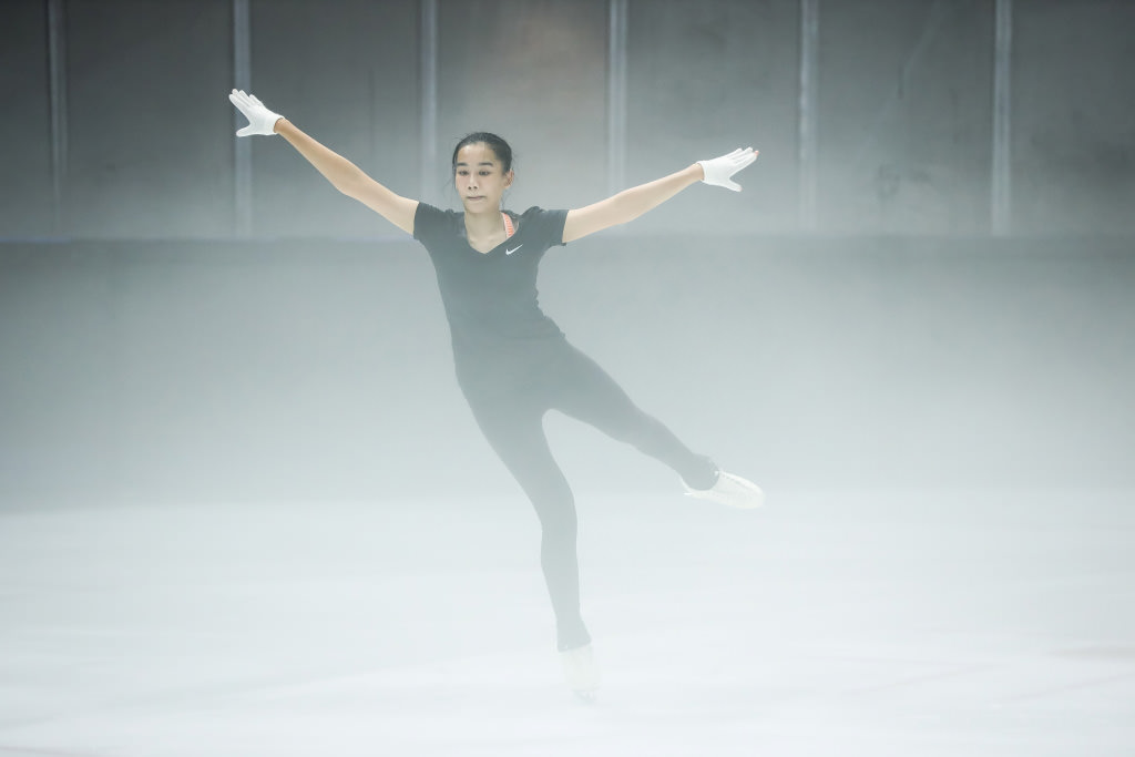 Sorfina landing a jump during training