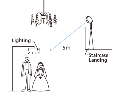 Bride and groom seated in room with night scene background (diagram)