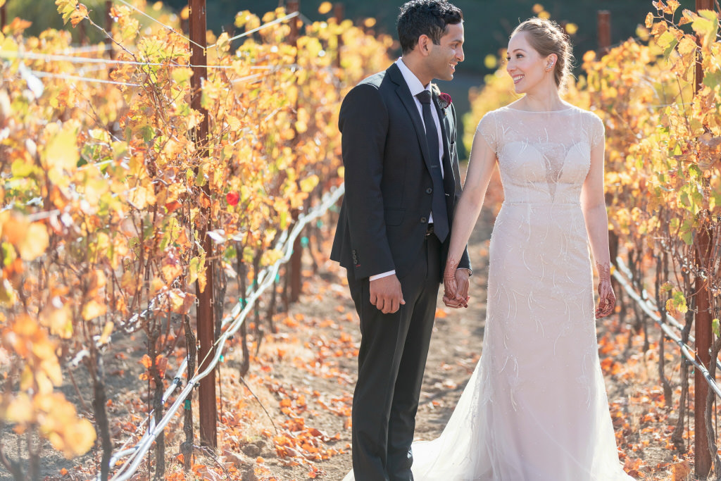 Bride and groom in vineyard, shot using mount adapter with with drop-in ND filter