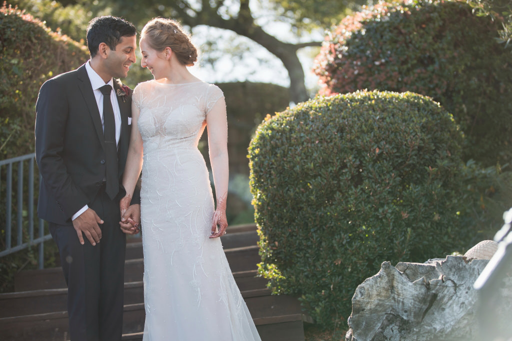 Bride and groom wedding portrait on staircase