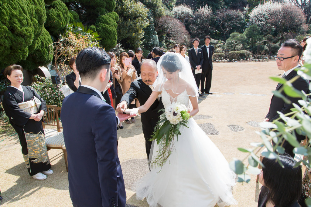 Father giving bride to groom