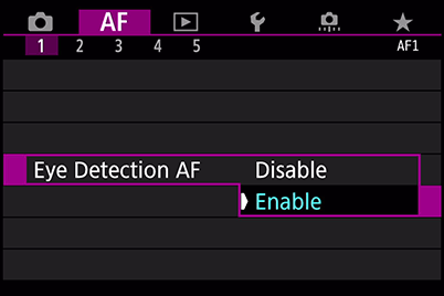 Screenshot of Eye Detection AF menu