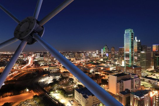 Nightscape with architectural details of observatory window in foreground
