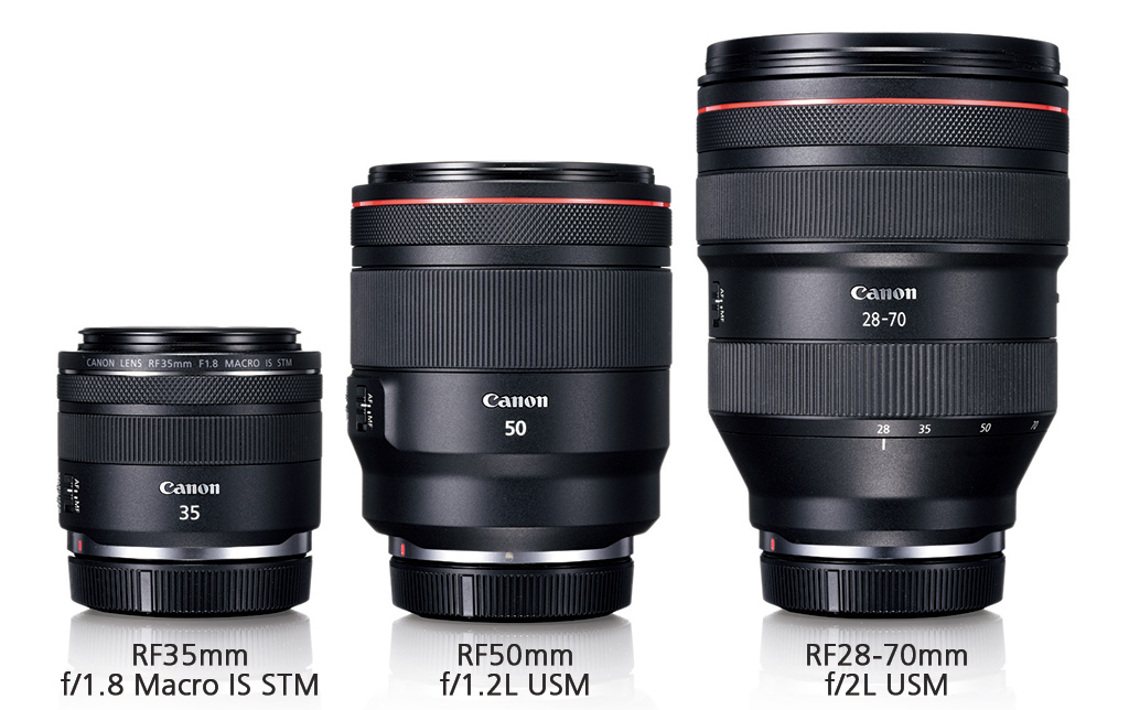 RF28-70mm f/2L USM, RF50mm f/1.2L USM and RF35mm f/1.8 Macro IS STM