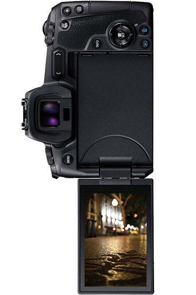 EOS R in vertical orientation with flipped-out monitor