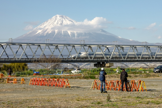 Fujikawa bridge with Shinkansen and Mount Fuji