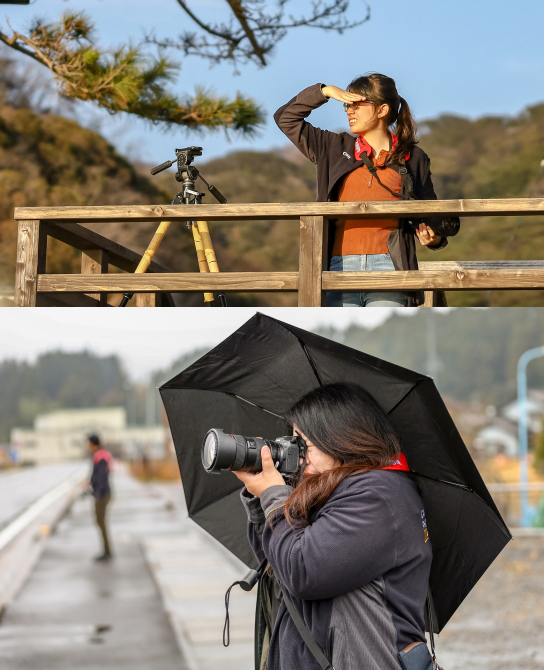 Photographer shooting in sunshine and in rain