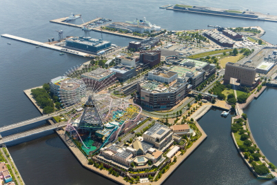 Wide-angle shot of island with Ferris wheel