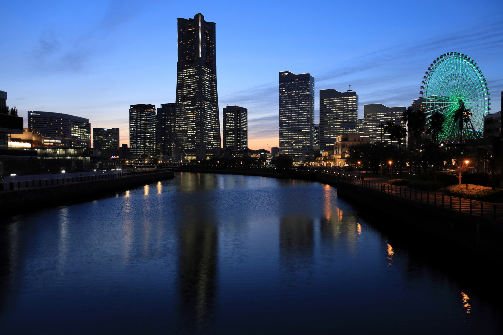 Wide-angle night shot of cityscape