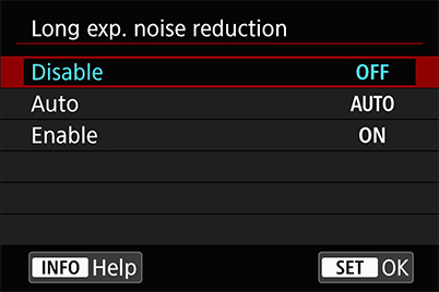 Long Exposure Noise Reduction settings menu