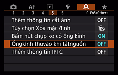 Trình đơn retract lens on power-off trên EOS R