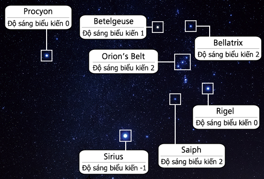 Độ sáng biểu kiến của các ngôi sao khác nhau trong chòm sao Thiên Lang