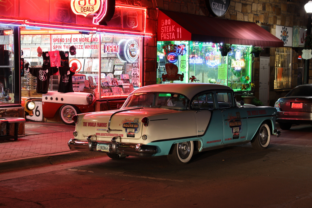 Vintage car and neon signs