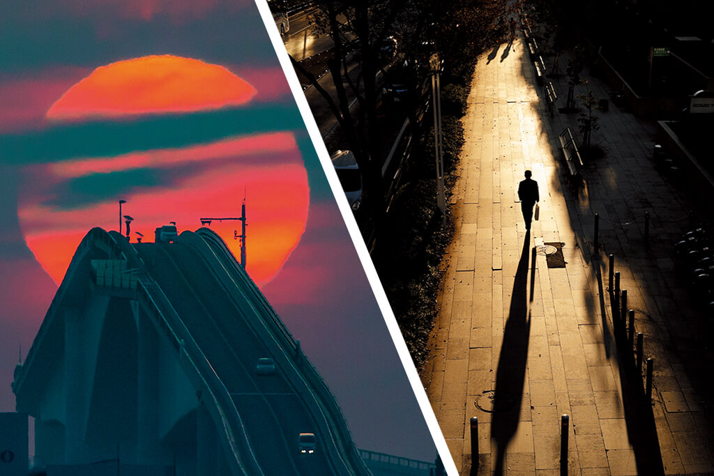 Steep bridge at sunrise, shadows at sunset