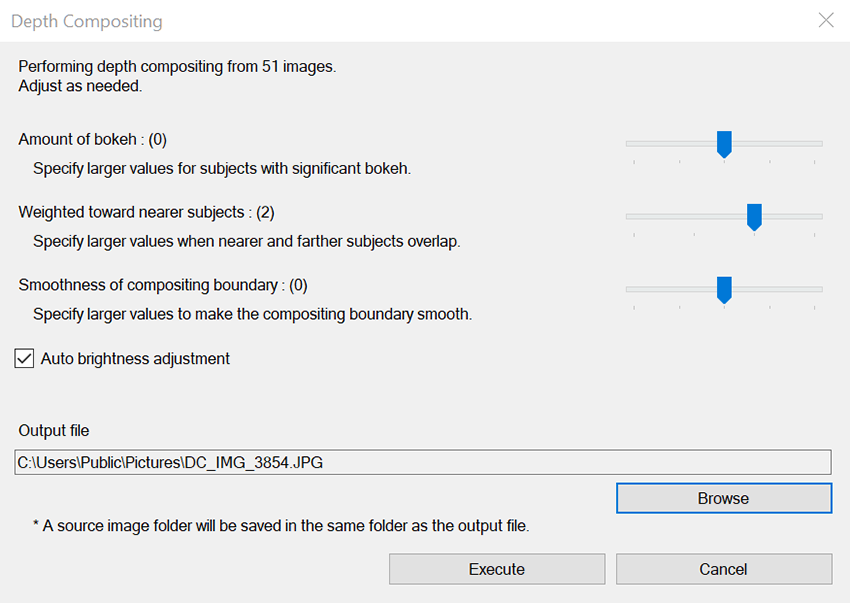 DPP menu showing selectable parameters for Depth Compositing
