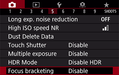 Shoot menu with “Focus bracketing” selected