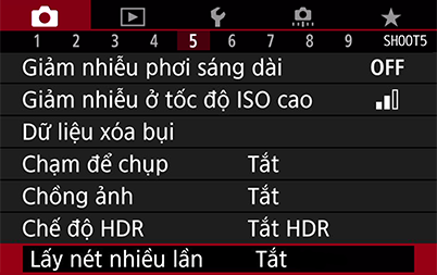 Trình đơn chụp với "Focus bracketing" được chọn
