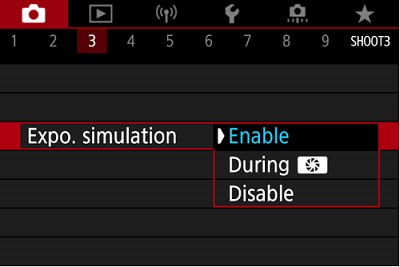 Exposure simulation menu screen