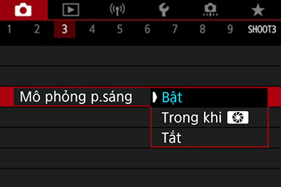 Màn hình trình đơn mô phỏng phơi sáng