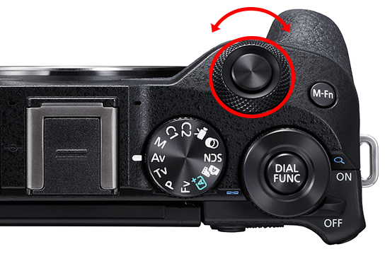 EOS M6 Mark II top view with Main Dial circled