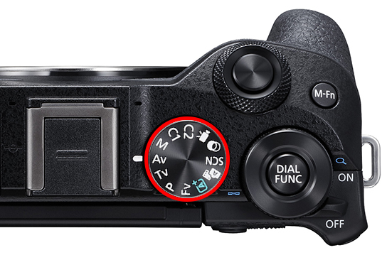 EOS M6 Mark II top view with Mode Dial circled
