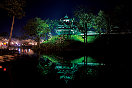 Takada Castle and reflection at night, underexposed