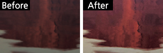 Close up of red mountain surface with dull colours and blurred details (before) and more intense red mountain with stronger details (after)