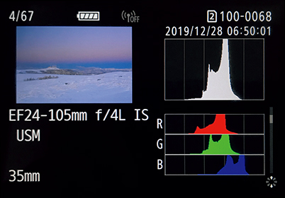 Playback screen showing histogram and RGB charts