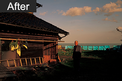 Environmental portrait with rosy warm tones