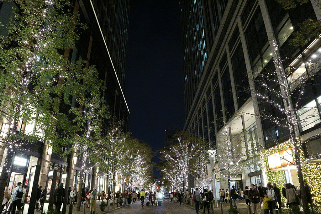 Wide-angle shot of street with Christmas lights
