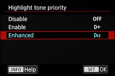 Canon Highlight Tone Priority menu