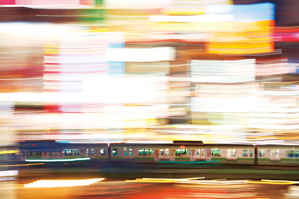 Train with panned neon lights